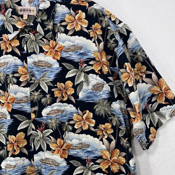 Vintage Campia Moda Shirt Men XXL Black Hawaiian Boat Ocean Cotton Aloha Floral - Picture 11 of 11